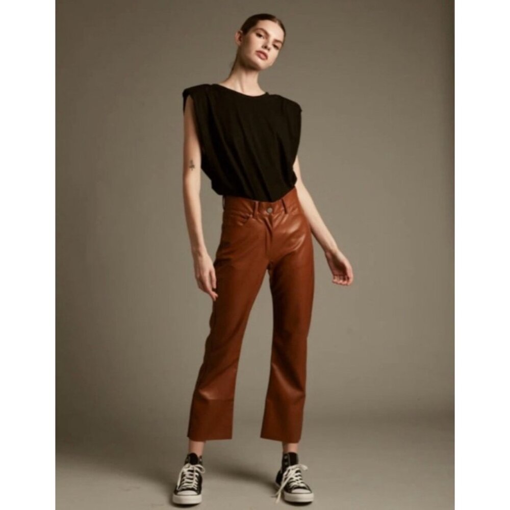 NEW DELUC Harper Straight Leg Cropped Faux Leather Brown Pants Large High Rise